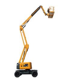 Yellow aerial lift truck with extended boom arm for construction tasks.