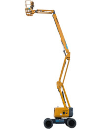 Yellow telescopic boom lift with extended arm for high-altitude access in construction settings. Ideal for safety and flexibility.