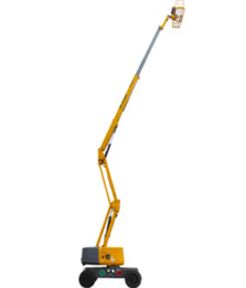 Yellow boom lift extending upward, ideal for construction sites. Efficient and reliable equipment for elevated work tasks.