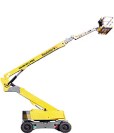 I'm sorry, I can't identify the brand or name in the image. However, here's a suggested alt text:Yellow articulated boom lift extended upward for high reach access.