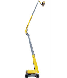 Yellow telescopic boom lift reaching high for building maintenance. Perfect for construction tasks.