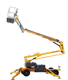 Telescopic boom lift with extended arm at max height, designed for elevated construction and maintenance tasks.