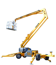 Yellow aerial lift equipment with extended arm and platform, ideal for construction and maintenance operations.