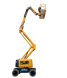 Yellow telescopic boom lift with operator in basket, used for high-reach tasks in construction and maintenance projects.