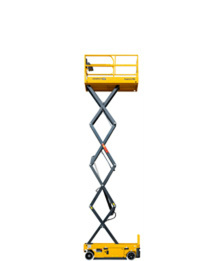 Yellow scissor lift fully extended for elevated work tasks, provided by OSC Equipment for efficient and safe operations.