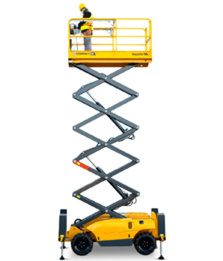 Scissor lift with worker in platform, emphasizing safety and accessibility. Perfect for construction and maintenance tasks.