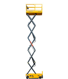 Scissor lift extending fully for high-reach tasks, highlighting safe and efficient work solutions.