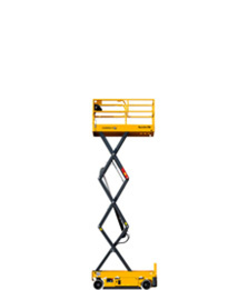Yellow scissor lift for construction projects, featuring extended height for aerial work. Durable OSC equipment.