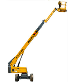 Yellow Haulotte HT23 RTJ Pro boom lift with extended arm. Ideal for high-reach tasks. Robust equipment for construction sites.