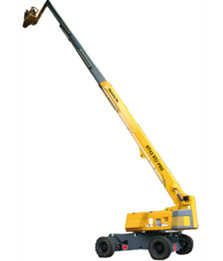 Yellow telescopic crane with extended boom on white background, highlighting construction equipment capabilities.