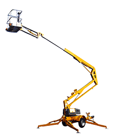 Yellow towable boom lift for aerial work, featuring a telescopic arm for enhanced reach and maneuverability on-site.