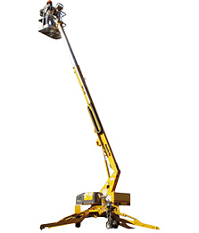 Yellow telescopic boom lift with workers in a raised basket, ideal for high-reach jobs and maintenance tasks.