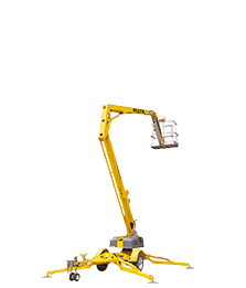 Yellow articulated boom lift by OSC Equipment for elevated work tasks. Compact and mobile design for versatile use.