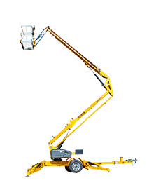 Yellow portable boom lift for rent, ideal for aerial work and construction projects by OSC Equipment.