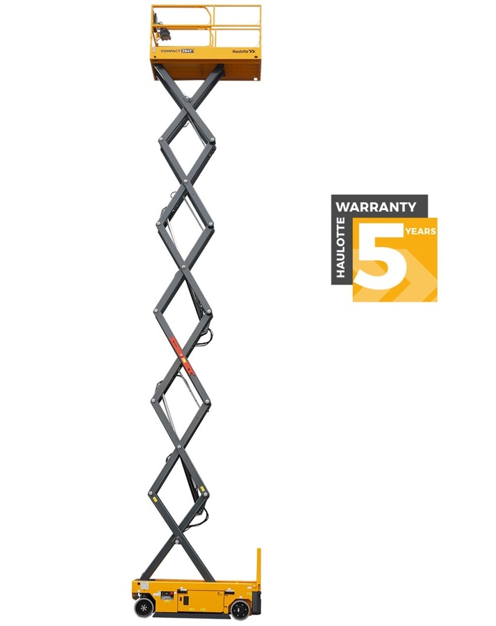 Haulotte Compact scissor lift with 5-year warranty, ideal for efficient construction and maintenance tasks.