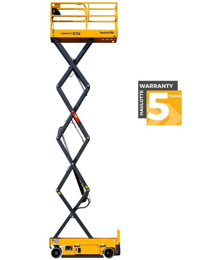 Haulotte Compact 2632E scissor lift with 5-year warranty, ideal for construction projects.