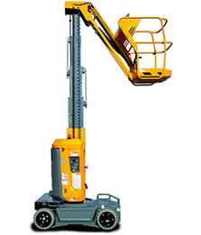 Self-propelled vertical mast lift with yellow platform for efficient and safe height access from OSC Equipment.