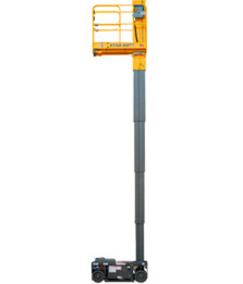 Yellow vertical mast lift fully extended for high reach access by OSC Equipment.