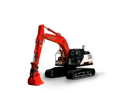 Large red excavator by Link-Belt in a clean white background, showcasing construction equipment.