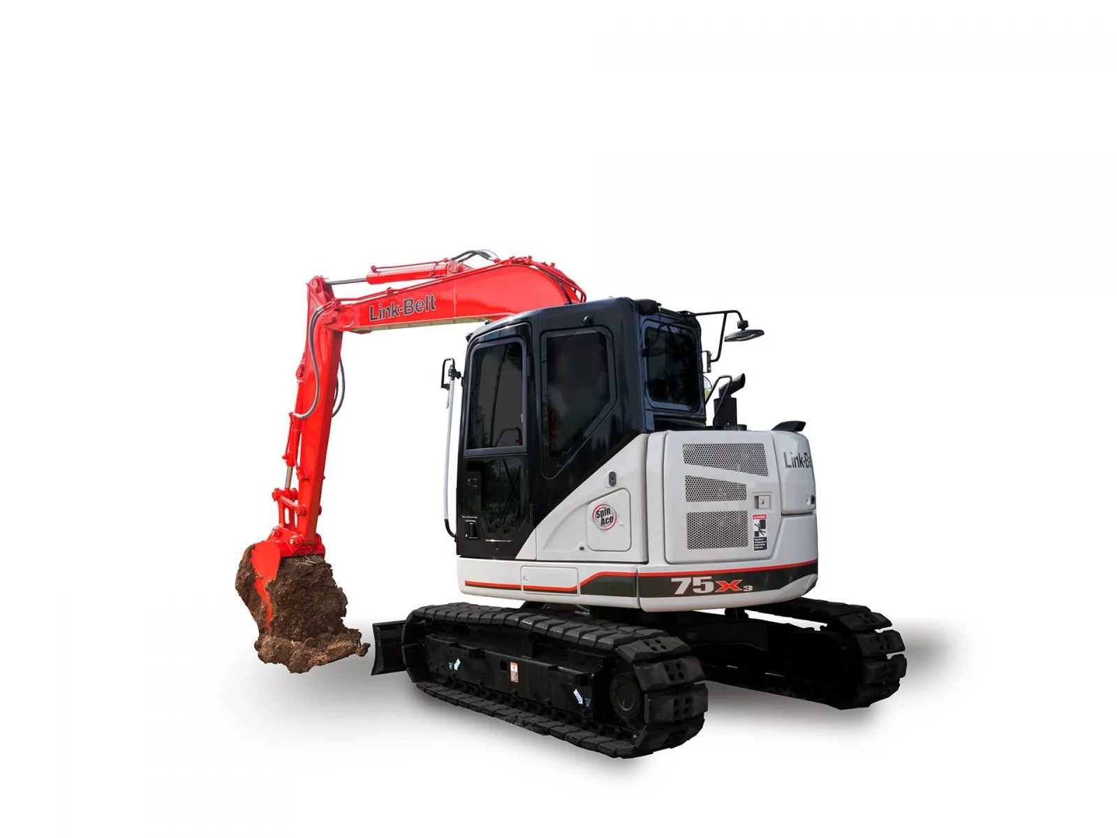 Link-Belt 75X3 excavator lifting soil, showcasing power and efficiency for construction tasks.